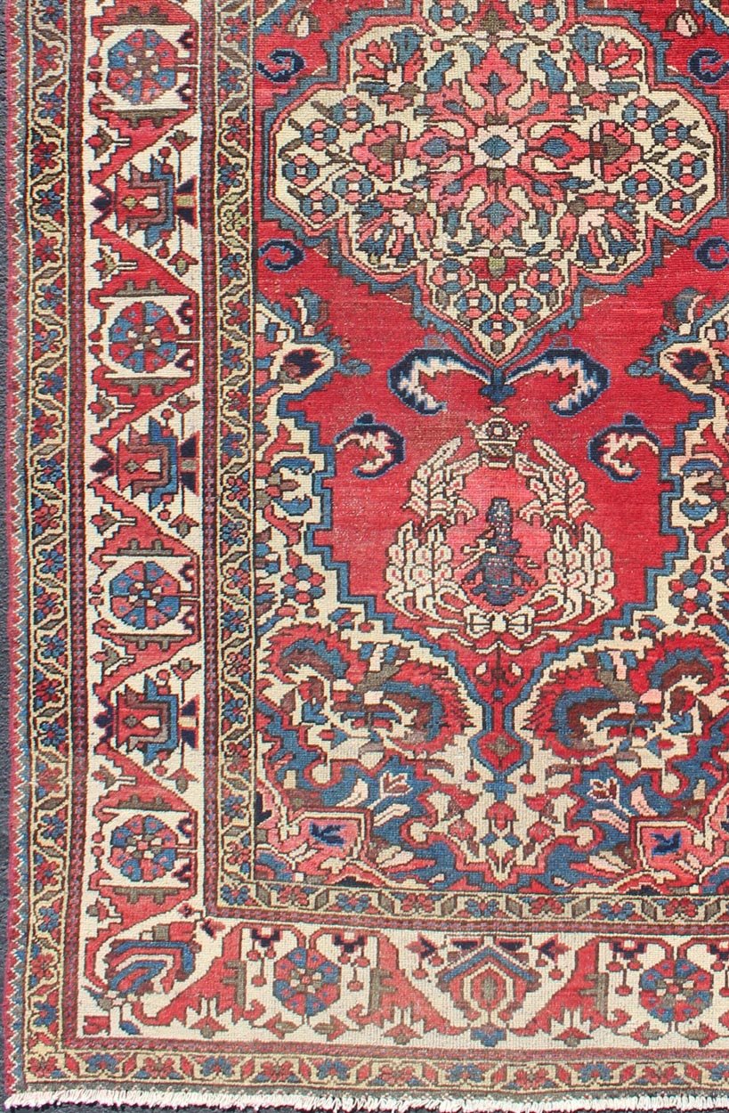 Keivan Woven Arts, H - 508 - 03, 1950's, Vintage Bakhtiari Medallion Rug with Ornate Central Medallion and Rich Red Blue. This vintage multicolored Persian Bakhtiari rug from mid - 20th Century Iran features a red background and central medallion flanked ... - Keivan Woven ArtsH - 508 - 03 - 1255Rug