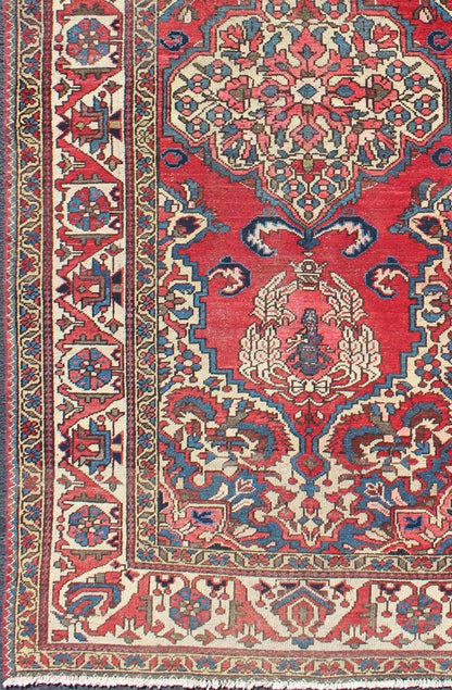 Keivan Woven Arts, H - 508 - 03, 1950's, Vintage Bakhtiari Medallion Rug with Ornate Central Medallion and Rich Red Blue. This vintage multicolored Persian Bakhtiari rug from mid - 20th Century Iran features a red background and central medallion flanked ... - Keivan Woven ArtsH - 508 - 03 - 1255Rug