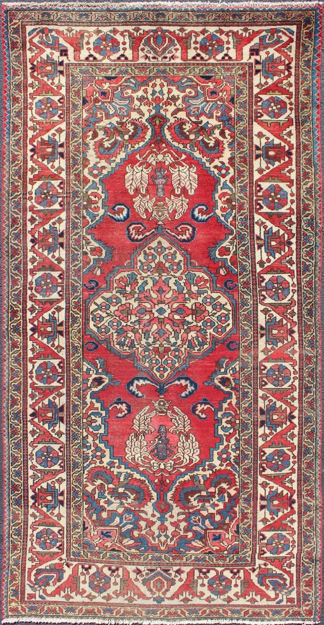 Keivan Woven Arts, H - 508 - 03, 1950's, Vintage Bakhtiari Medallion Rug with Ornate Central Medallion and Rich Red Blue. This vintage multicolored Persian Bakhtiari rug from mid - 20th Century Iran features a red background and central medallion flanked ... - Keivan Woven ArtsH - 508 - 03 - 1255Rug