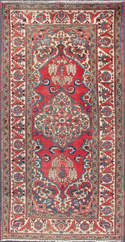 Keivan Woven Arts, H - 508 - 03, 1950's, Vintage Bakhtiari Medallion Rug with Ornate Central Medallion and Rich Red Blue. This vintage multicolored Persian Bakhtiari rug from mid - 20th Century Iran features a red background and central medallion flanked ... - Keivan Woven ArtsH - 508 - 03 - 1255Rug