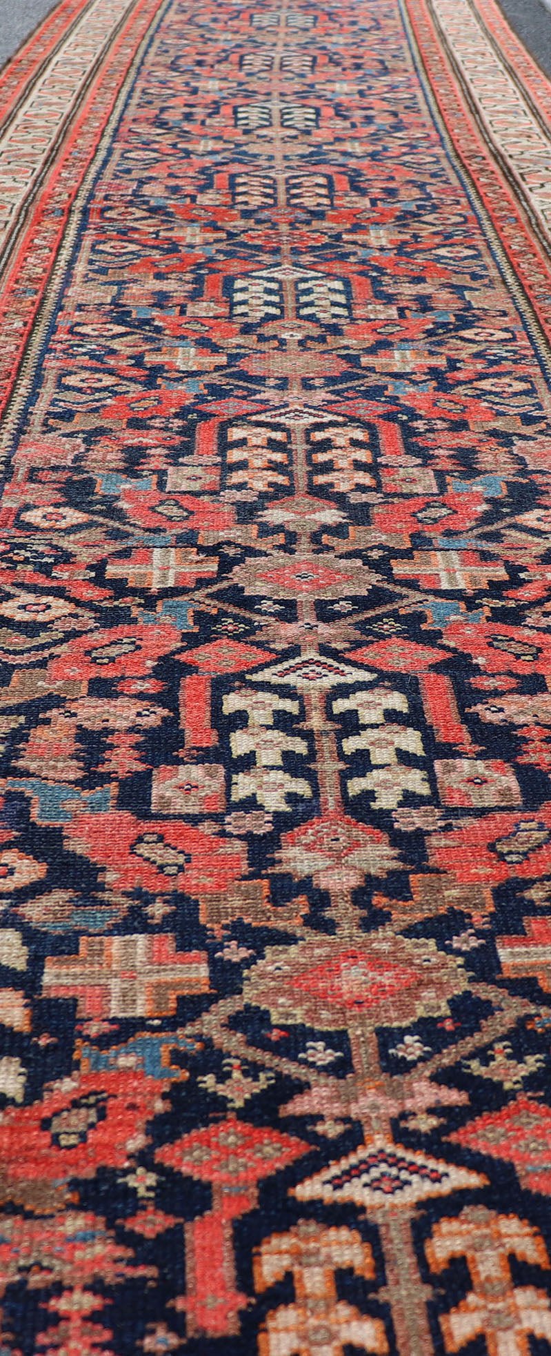 Early 20th Century Antique Malayer long Runner Rug in Blue, Orange and Brown Measures: 3'4 x 16'10 Keivan Woven Arts - Rug/H - 510 - 01, antique Malayer, antique Malayer runner. This magnificent antique Malayer runner (circa 1910) bears a be... - Keivan Woven ArtsH - 510 - 01 - 2275Rug