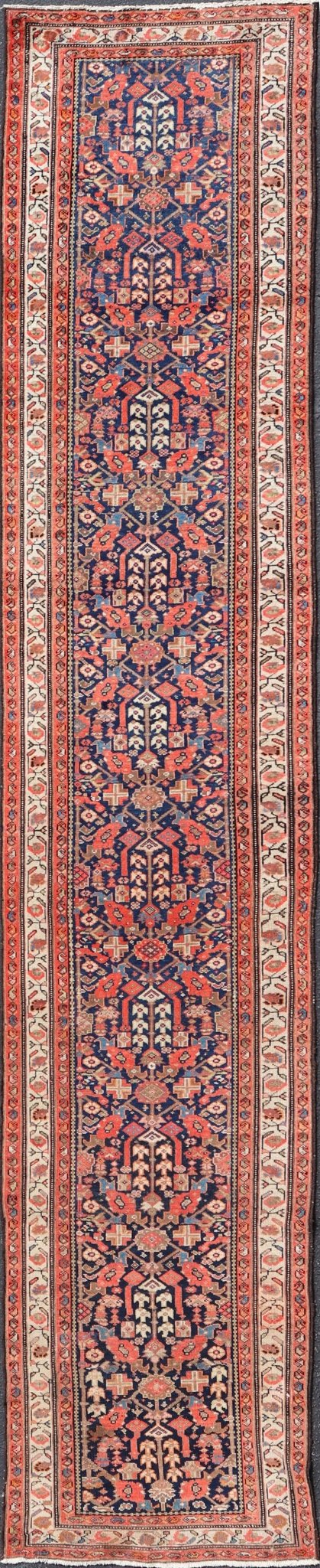 Early 20th Century Antique Malayer long Runner Rug in Blue, Orange and Brown Measures: 3'4 x 16'10 Keivan Woven Arts - Rug/H - 510 - 01, antique Malayer, antique Malayer runner. This magnificent antique Malayer runner (circa 1910) bears a be... - Keivan Woven ArtsH - 510 - 01 - 2275Rug