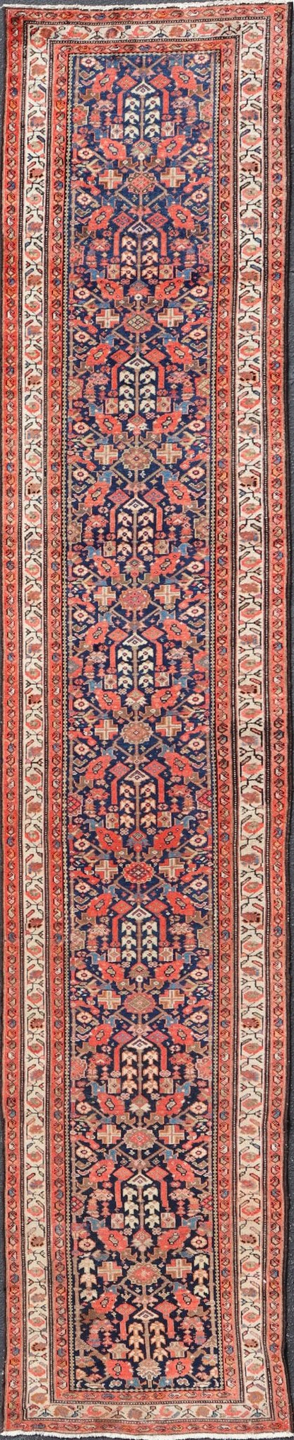 Early 20th Century Antique Malayer long Runner Rug in Blue, Orange and Brown Measures: 3'4 x 16'10 Keivan Woven Arts - Rug/H - 510 - 01, antique Malayer, antique Malayer runner. This magnificent antique Malayer runner (circa 1910) bears a be... - Keivan Woven ArtsH - 510 - 01 - 2275Rug