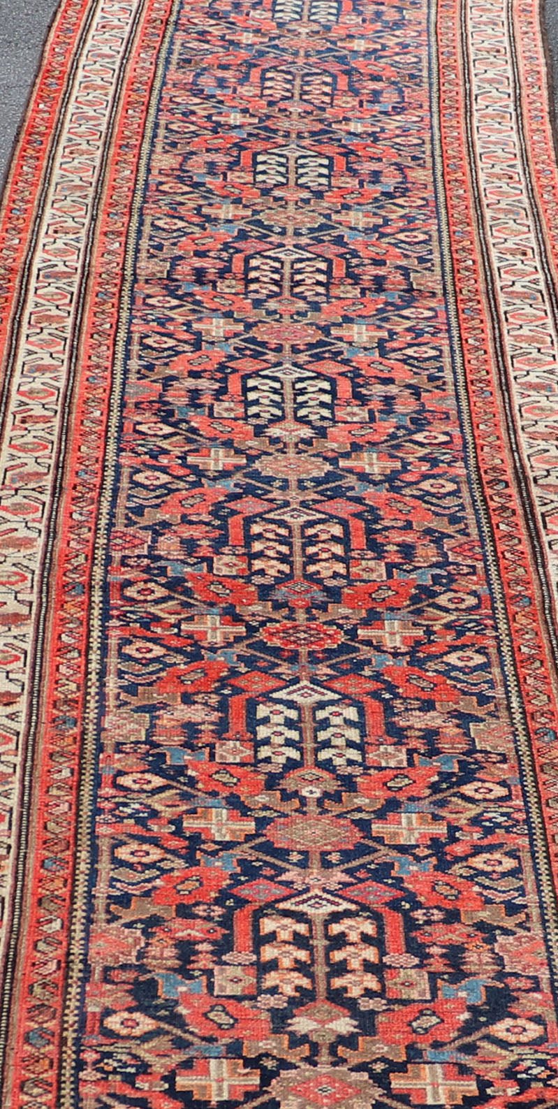 Early 20th Century Antique Malayer long Runner Rug in Blue, Orange and Brown Measures: 3'4 x 16'10 Keivan Woven Arts - Rug/H - 510 - 01, antique Malayer, antique Malayer runner. This magnificent antique Malayer runner (circa 1910) bears a be... - Keivan Woven ArtsH - 510 - 01 - 2275Rug