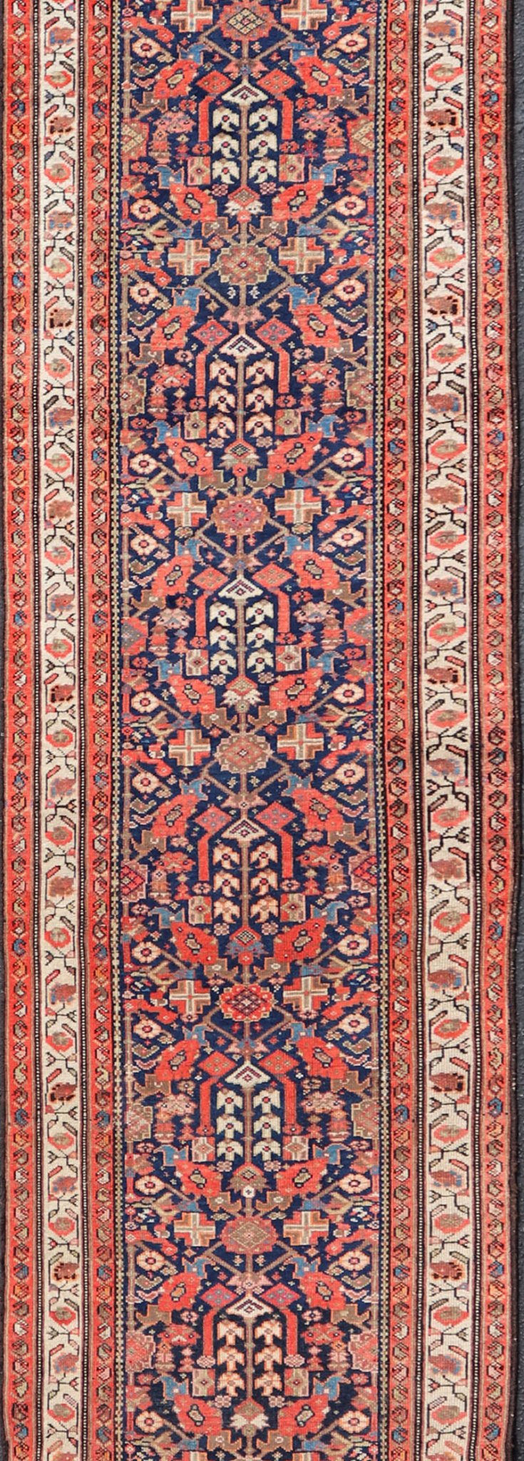 Early 20th Century Antique Malayer long Runner Rug in Blue, Orange and Brown Measures: 3'4 x 16'10 Keivan Woven Arts - Rug/H - 510 - 01, antique Malayer, antique Malayer runner. This magnificent antique Malayer runner (circa 1910) bears a be... - Keivan Woven ArtsH - 510 - 01 - 2275Rug