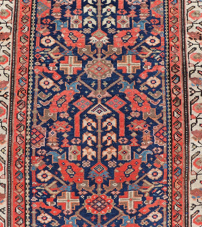 Early 20th Century Antique Malayer long Runner Rug in Blue, Orange and Brown Measures: 3'4 x 16'10 Keivan Woven Arts - Rug/H - 510 - 01, antique Malayer, antique Malayer runner. This magnificent antique Malayer runner (circa 1910) bears a be... - Keivan Woven ArtsH - 510 - 01 - 2275Rug