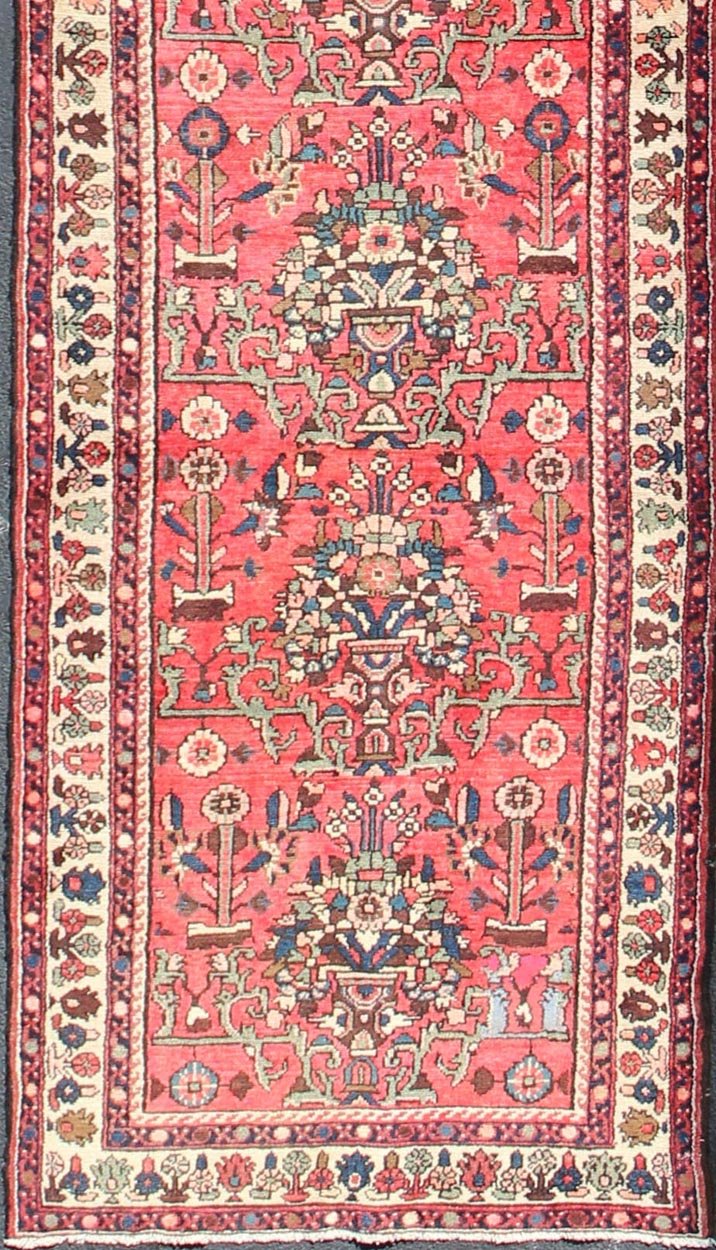 Very Long Semi Antique Persian Runner in Red Field and Green and Ivory Borders. Long Hand - Knotted Persian Runner, rug H - 602 - 37, country of origin / type: Persian / Malayer, circa mid - 20th century This Persian Hamadan long runner from mid - 20t... - Keivan Woven ArtsH - 602 - 37 - 1348Rug