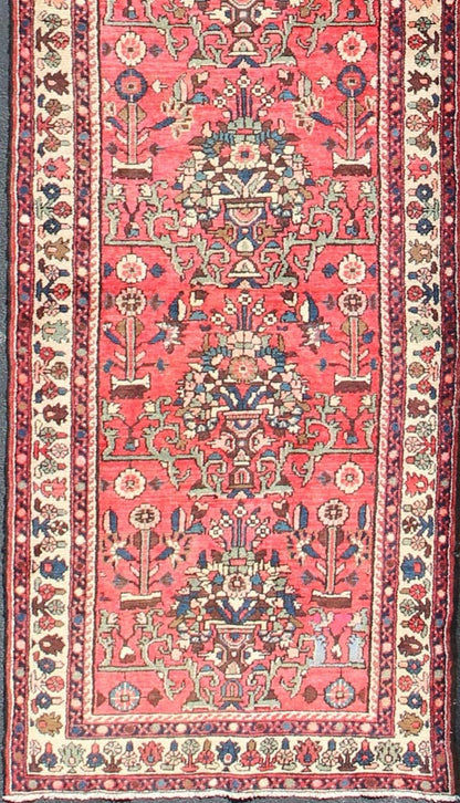 Very Long Semi Antique Persian Runner in Red Field and Green and Ivory Borders. Long Hand - Knotted Persian Runner, rug H - 602 - 37, country of origin / type: Persian / Malayer, circa mid - 20th century This Persian Hamadan long runner from mid - 20t... - Keivan Woven ArtsH - 602 - 37 - 1348Rug