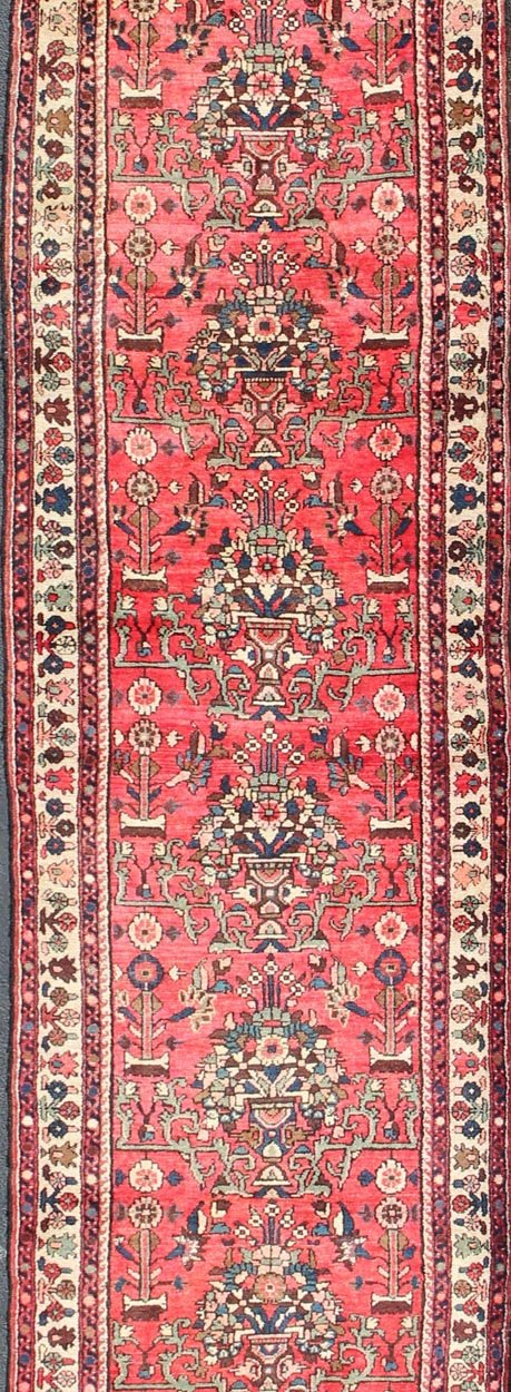 Very Long Semi Antique Persian Runner in Red Field and Green and Ivory Borders. Long Hand - Knotted Persian Runner, rug H - 602 - 37, country of origin / type: Persian / Malayer, circa mid - 20th century This Persian Hamadan long runner from mid - 20t... - Keivan Woven ArtsH - 602 - 37 - 1348Rug