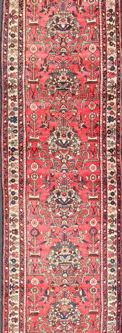 Very Long Semi Antique Persian Runner in Red Field and Green and Ivory Borders. Long Hand - Knotted Persian Runner, rug H - 602 - 37, country of origin / type: Persian / Malayer, circa mid - 20th century This Persian Hamadan long runner from mid - 20t... - Keivan Woven ArtsH - 602 - 37 - 1348Rug
