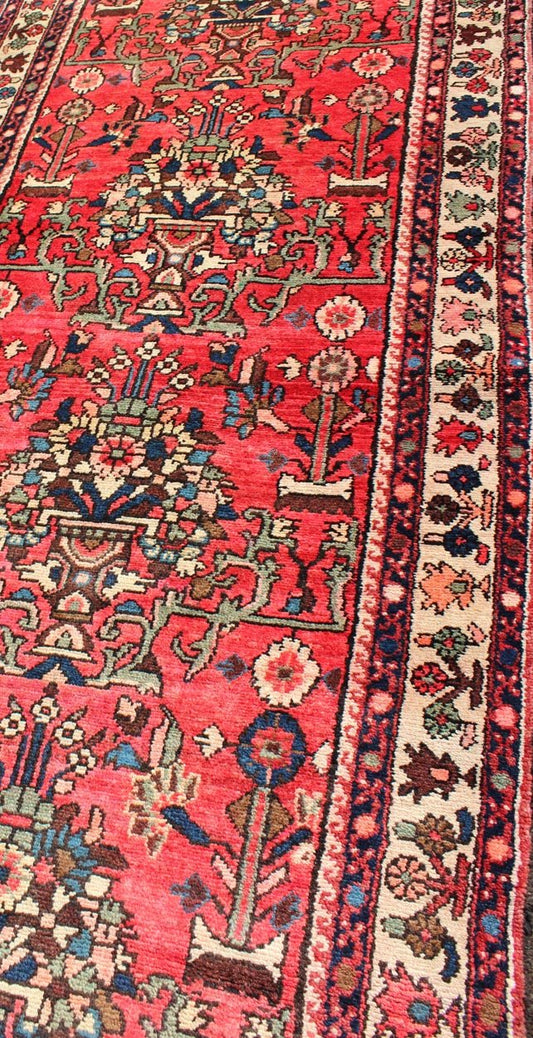 Very Long Semi Antique Persian Runner in Red Field and Green and Ivory Borders. Long Hand - Knotted Persian Runner, rug H - 602 - 37, country of origin / type: Persian / Malayer, circa mid - 20th century This Persian Hamadan long runner from mid - 20t... - Keivan Woven ArtsH - 602 - 37 - 1348Rug