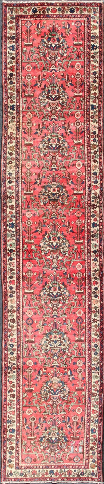 Very Long Semi Antique Persian Runner in Red Field and Green and Ivory Borders. Long Hand - Knotted Persian Runner, rug H - 602 - 37, country of origin / type: Persian / Malayer, circa mid - 20th century This Persian Hamadan long runner from mid - 20t... - Keivan Woven ArtsH - 602 - 37 - 1348Rug