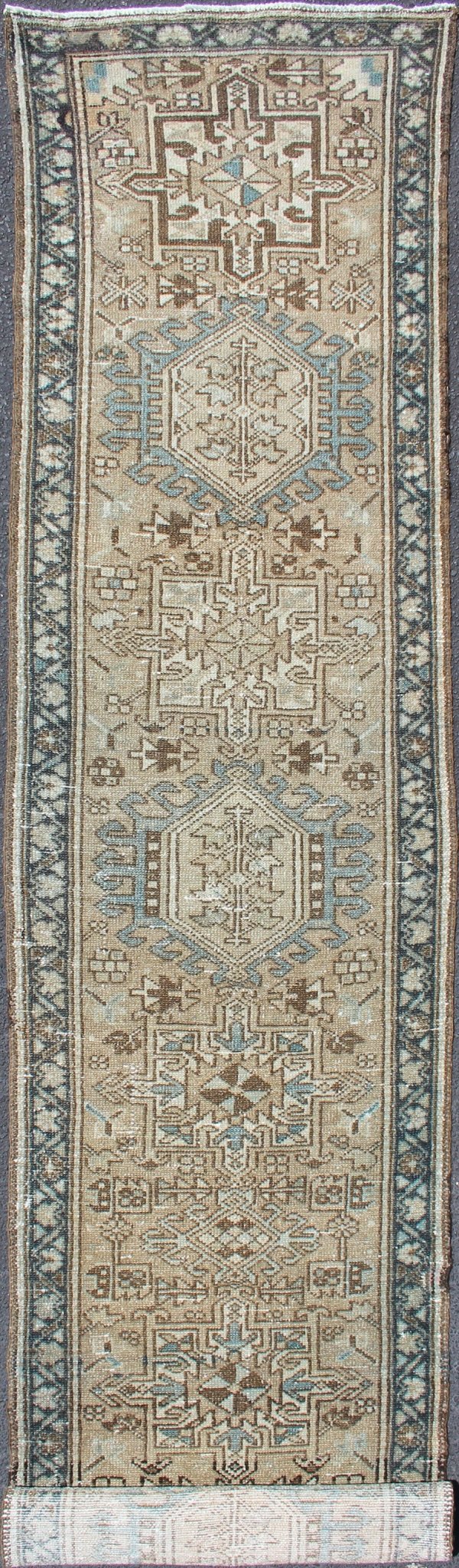 Antique Karadjeh Runner With Geometric Central Medallions in Tan, Blue & Brown. Keivan Woven Arts - Persian Karadjeh narrow runner with multi - medallion design, rug H - 608 - 15, country of origin / type: Heriz, circa mid - 20th century This magnifi... - Keivan Woven ArtsH - 608 - 15 - 1897Rug