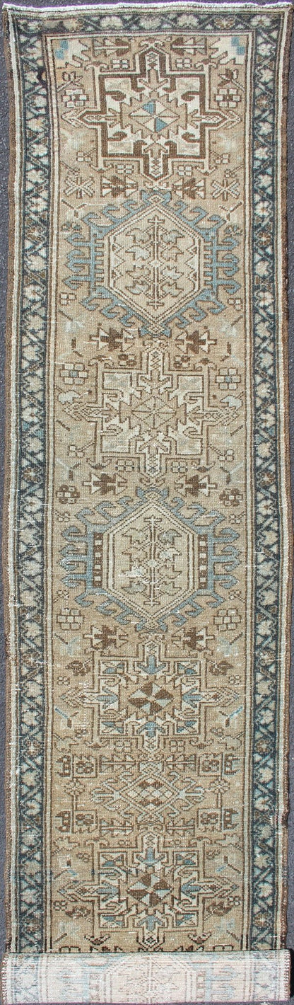 Antique Karadjeh Runner With Geometric Central Medallions in Tan, Blue & Brown. Keivan Woven Arts - Persian Karadjeh narrow runner with multi - medallion design, rug H - 608 - 15, country of origin / type: Heriz, circa mid - 20th century This magnifi... - Keivan Woven ArtsH - 608 - 15 - 1897Rug