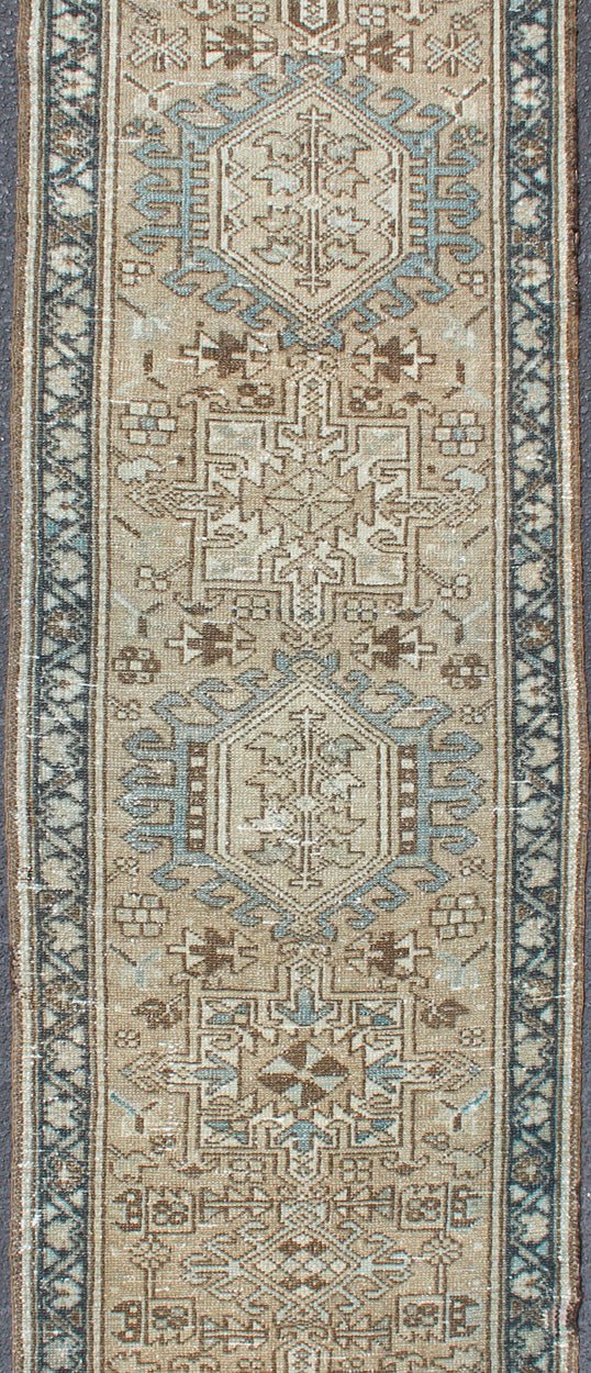 Antique Karadjeh Runner With Geometric Central Medallions in Tan, Blue & Brown. Keivan Woven Arts - Persian Karadjeh narrow runner with multi - medallion design, rug H - 608 - 15, country of origin / type: Heriz, circa mid - 20th century This magnifi... - Keivan Woven ArtsH - 608 - 15 - 1897Rug