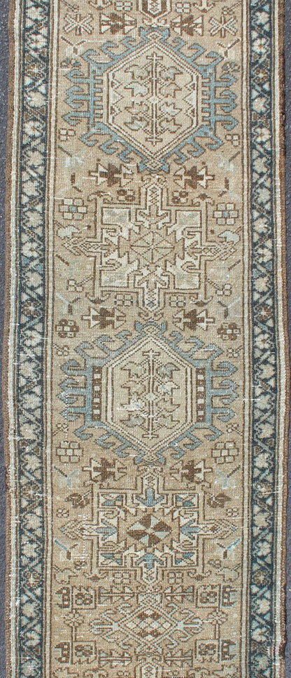 Antique Karadjeh Runner With Geometric Central Medallions in Tan, Blue & Brown. Keivan Woven Arts - Persian Karadjeh narrow runner with multi - medallion design, rug H - 608 - 15, country of origin / type: Heriz, circa mid - 20th century This magnifi... - Keivan Woven ArtsH - 608 - 15 - 1897Rug