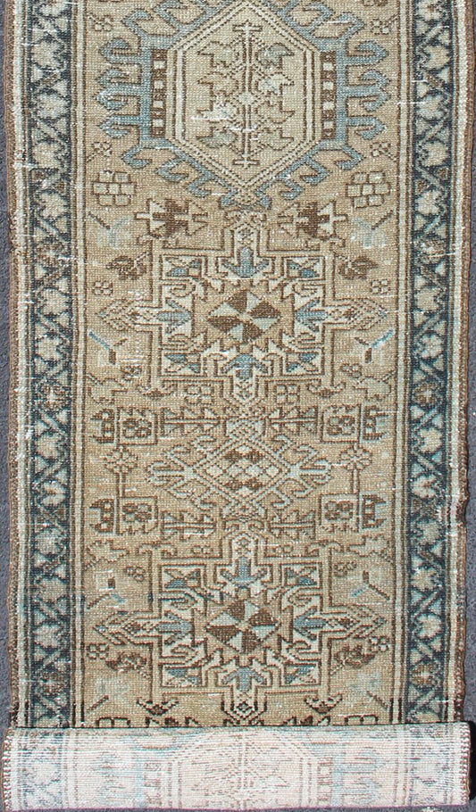 Antique Karadjeh Runner With Geometric Central Medallions in Tan, Blue & Brown. Keivan Woven Arts - Persian Karadjeh narrow runner with multi - medallion design, rug H - 608 - 15, country of origin / type: Heriz, circa mid - 20th century This magnifi... - Keivan Woven ArtsH - 608 - 15 - 1897Rug
