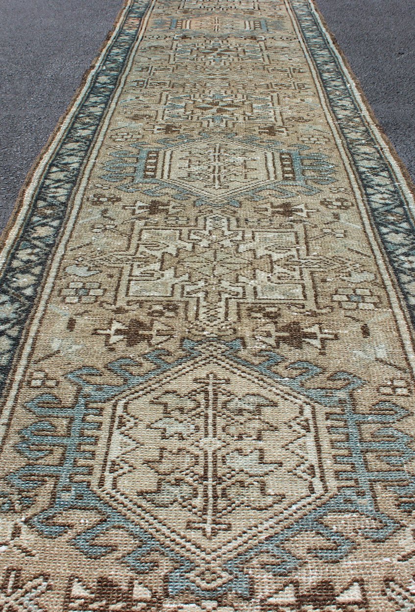 Antique Karadjeh Runner With Geometric Central Medallions in Tan, Blue & Brown. Keivan Woven Arts - Persian Karadjeh narrow runner with multi - medallion design, rug H - 608 - 15, country of origin / type: Heriz, circa mid - 20th century This magnifi... - Keivan Woven ArtsH - 608 - 15 - 1897Rug