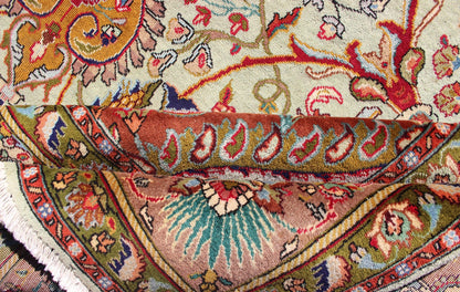 Classic Persian Tabriz Vintage Rug in Celadon Green, Salmon & Multi Colors. Tabriz vintage rug from Persia with a classic medallion Floral design in beautiful celadon green background, salmon border with accent colors of red, yellow or orange and i... - Keivan Woven ArtsH - 609 - 26 - 1213Rug