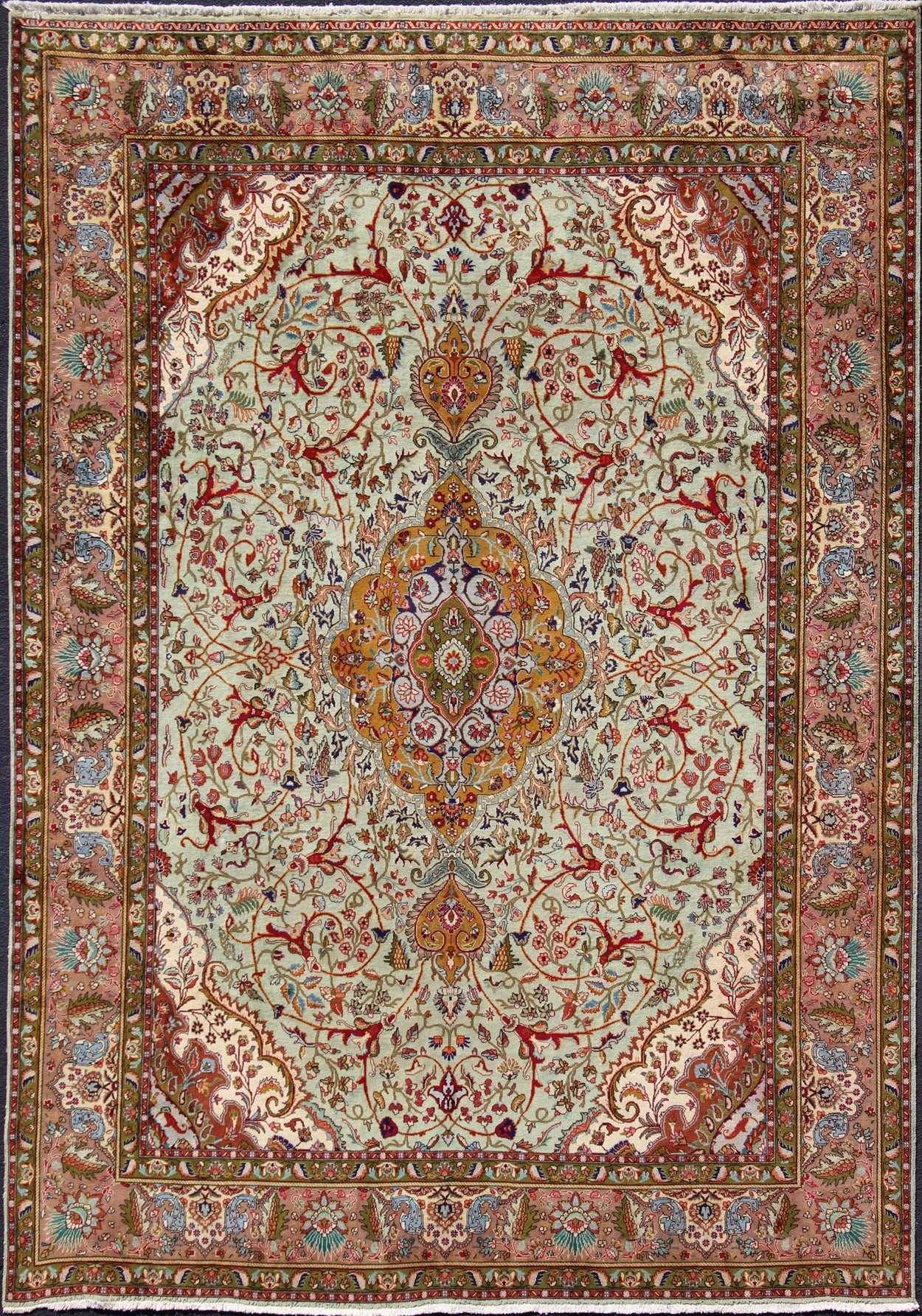 Classic Persian Tabriz Vintage Rug in Celadon Green, Salmon & Multi Colors. Tabriz vintage rug from Persia with a classic medallion Floral design in beautiful celadon green background, salmon border with accent colors of red, yellow or orange and i... - Keivan Woven ArtsH - 609 - 26 - 1213Rug