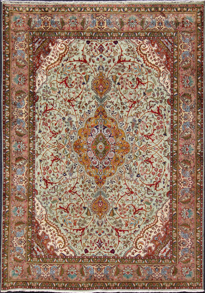 Classic Persian Tabriz Vintage Rug in Celadon Green, Salmon & Multi Colors. Tabriz vintage rug from Persia with a classic medallion Floral design in beautiful celadon green background, salmon border with accent colors of red, yellow or orange and i... - Keivan Woven ArtsH - 609 - 26 - 1213Rug
