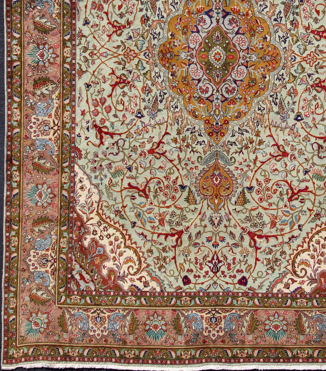 Classic Persian Tabriz Vintage Rug in Celadon Green, Salmon & Multi Colors. Tabriz vintage rug from Persia with a classic medallion Floral design in beautiful celadon green background, salmon border with accent colors of red, yellow or orange and i... - Keivan Woven ArtsH - 609 - 26 - 1213Rug