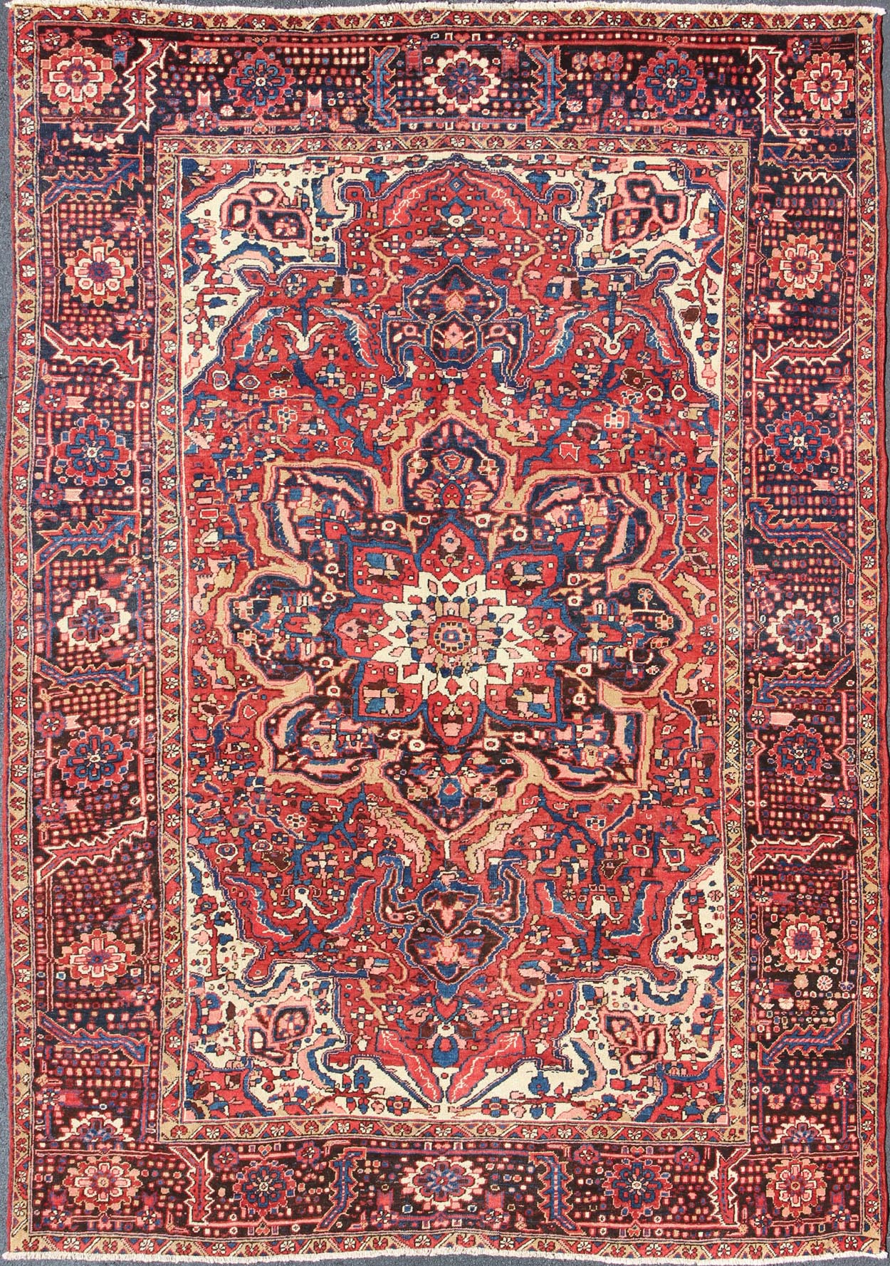 Keivan Woven Arts, H - 610 - 04, 1950's Semi - Antique Heriz Rug with stylized medallion design in red and blue, rug h - 610 - 04, country of origin / type: Iran / Heriz, circa 1950. This magnificent antique Persian Heriz carpet from the mid - 20th century ... - Keivan Woven ArtsH - 610 - 04 - 2159Rug