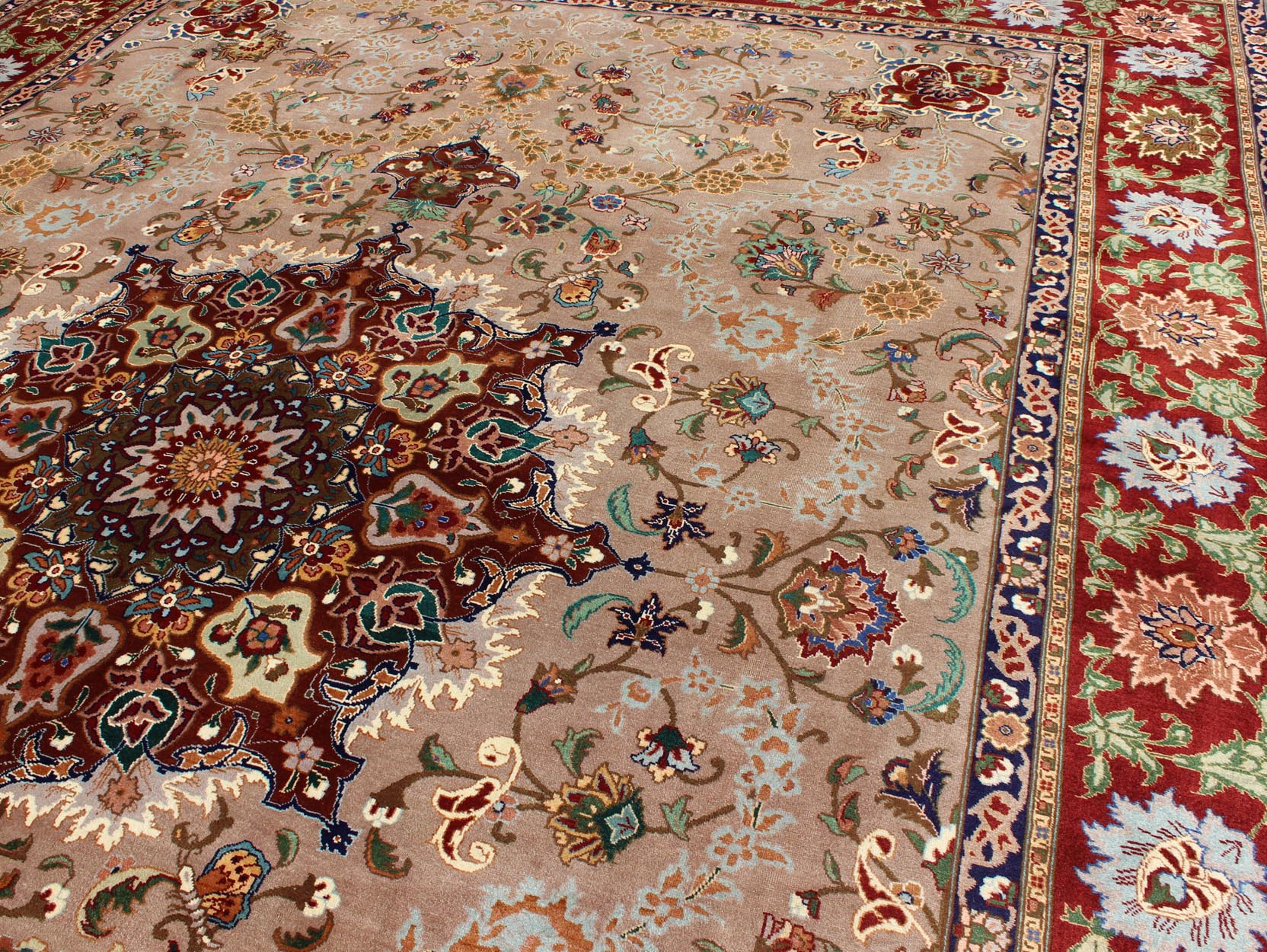 Fine Persian Tabriz Rug With Medallion Design in Silk Highlights, 8'2 X 11'5 This Semi antique, handwoven vintage Fine Persian Tabriz rug features an ornate red medallion design. A beautifully drawn multi - tiered border surrounds the entirety of ... - Keivan Woven ArtsH - 702 - 14 - 2259Rug