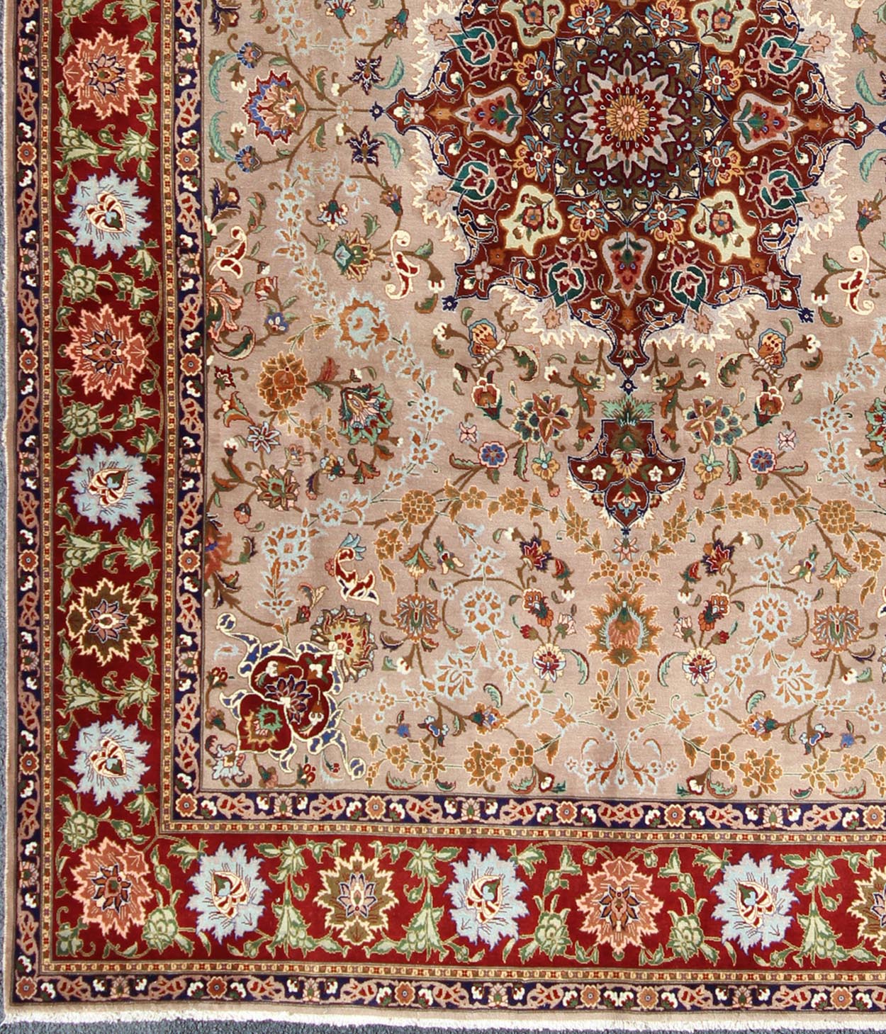 Fine Persian Tabriz Rug With Medallion Design in Silk Highlights, 8'2 X 11'5 This Semi antique, handwoven vintage Fine Persian Tabriz rug features an ornate red medallion design. A beautifully drawn multi - tiered border surrounds the entirety of ... - Keivan Woven ArtsH - 702 - 14 - 2259Rug