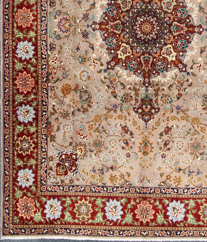 Fine Persian Tabriz Rug With Medallion Design in Silk Highlights, 8'2 X 11'5 This Semi antique, handwoven vintage Fine Persian Tabriz rug features an ornate red medallion design. A beautifully drawn multi - tiered border surrounds the entirety of ... - Keivan Woven ArtsH - 702 - 14 - 2259Rug