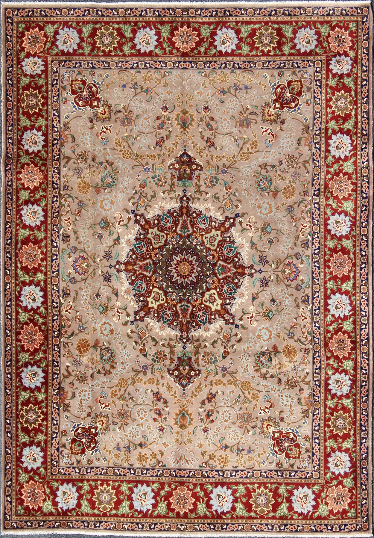 Fine Persian Tabriz Rug With Medallion Design in Silk Highlights, 8'2 X 11'5 This Semi antique, handwoven vintage Fine Persian Tabriz rug features an ornate red medallion design. A beautifully drawn multi - tiered border surrounds the entirety of ... - Keivan Woven ArtsH - 702 - 14 - 2259Rug