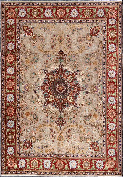 Fine Persian Tabriz Rug With Medallion Design in Silk Highlights, 8'2 X 11'5 This Semi antique, handwoven vintage Fine Persian Tabriz rug features an ornate red medallion design. A beautifully drawn multi - tiered border surrounds the entirety of ... - Keivan Woven ArtsH - 702 - 14 - 2259Rug
