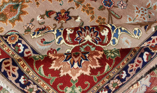 Fine Persian Tabriz Rug With Medallion Design in Silk Highlights, 8'2 X 11'5 This Semi antique, handwoven vintage Fine Persian Tabriz rug features an ornate red medallion design. A beautifully drawn multi - tiered border surrounds the entirety of ... - Keivan Woven ArtsH - 702 - 14 - 2259Rug