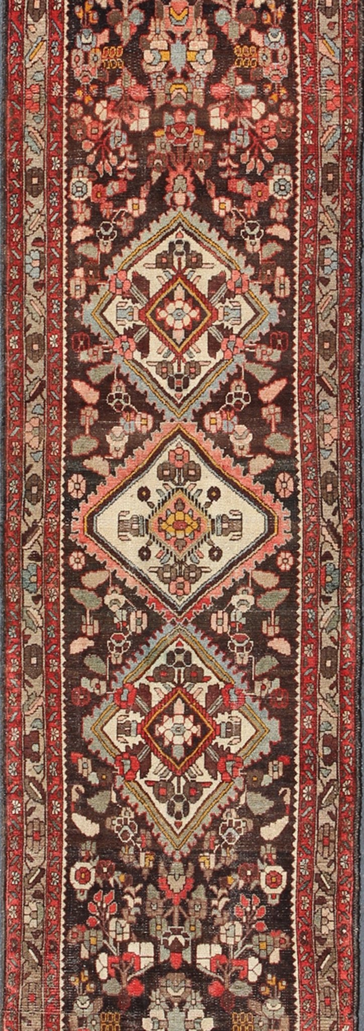 Keivan Woven Arts, H - 702 - 17, 1950s Antique Hamadan Runner - This Semi Antique Hamedan gallery runner (circa mid - 20th century) features a unique blend of colors and an intricately beautiful design. The central medallions consist of a vertical line of geom... - Keivan Woven ArtsH - 702 - 17 - 1358Rug