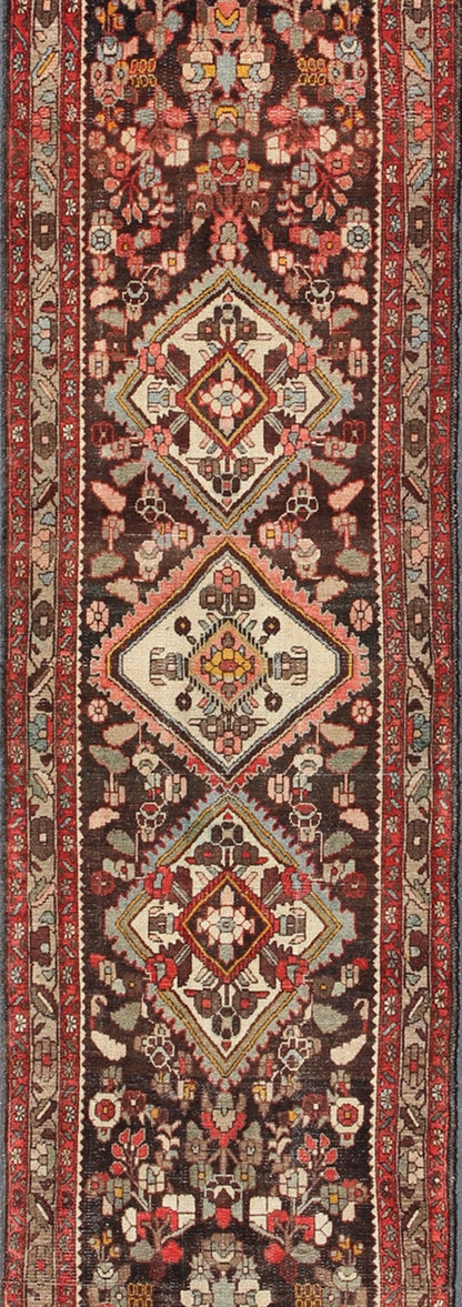 Keivan Woven Arts, H - 702 - 17, 1950s Antique Hamadan Runner - This Semi Antique Hamedan gallery runner (circa mid - 20th century) features a unique blend of colors and an intricately beautiful design. The central medallions consist of a vertical line of geom... - Keivan Woven ArtsH - 702 - 17 - 1358Rug