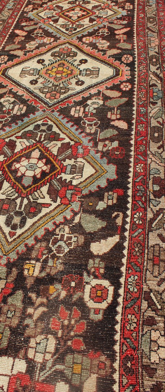 Keivan Woven Arts, H - 702 - 17, 1950s Antique Hamadan Runner - This Semi Antique Hamedan gallery runner (circa mid - 20th century) features a unique blend of colors and an intricately beautiful design. The central medallions consist of a vertical line of geom... - Keivan Woven ArtsH - 702 - 17 - 1358