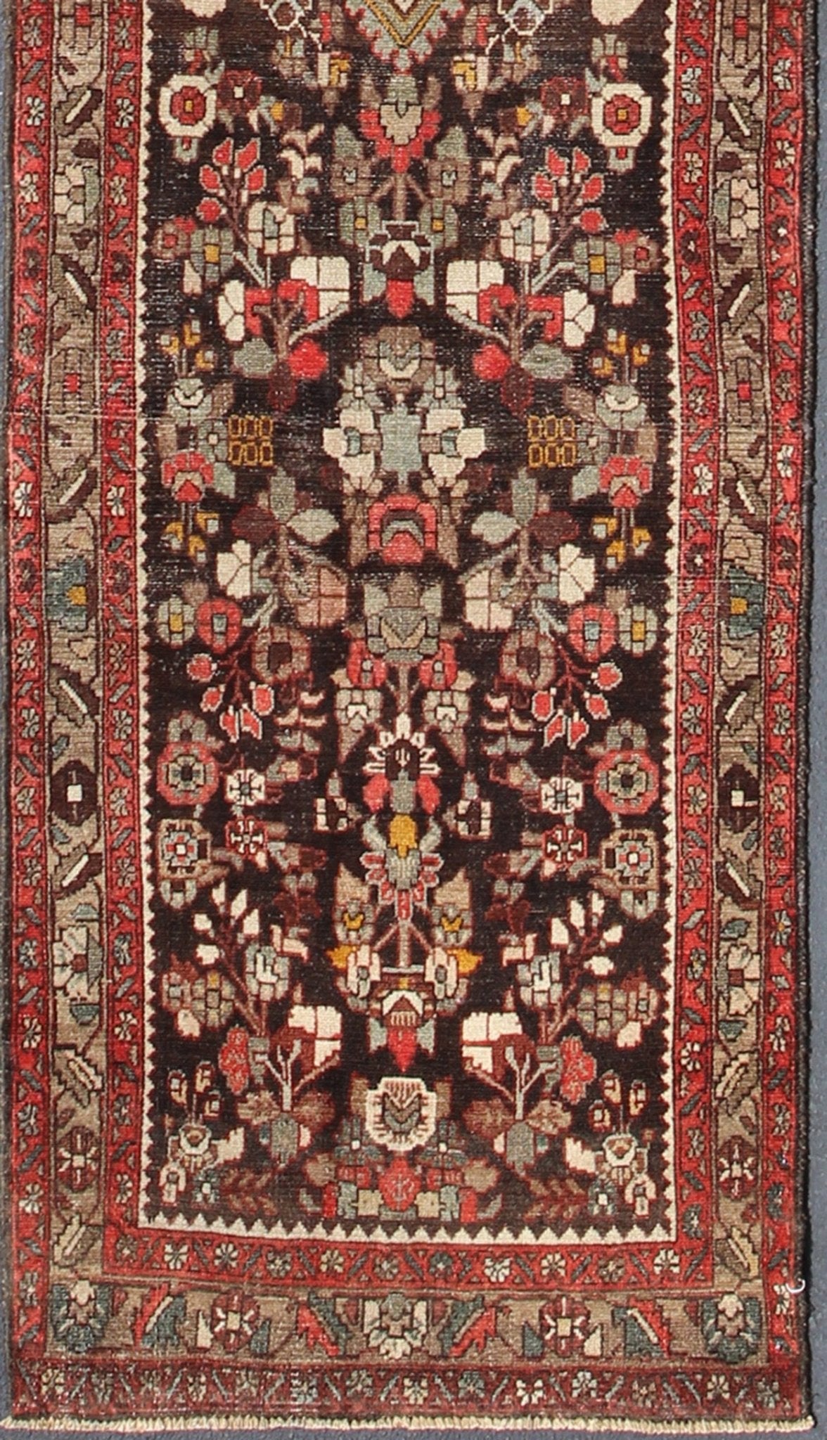 Keivan Woven Arts, H - 702 - 17, 1950s Antique Hamadan Runner - This Semi Antique Hamedan gallery runner (circa mid - 20th century) features a unique blend of colors and an intricately beautiful design. The central medallions consist of a vertical line of geom... - Keivan Woven ArtsH - 702 - 17 - 1358Rug
