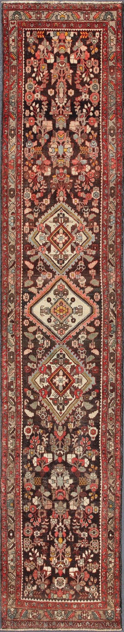 Keivan Woven Arts, H - 702 - 17, 1950s Antique Hamadan Runner - This Semi Antique Hamedan gallery runner (circa mid - 20th century) features a unique blend of colors and an intricately beautiful design. The central medallions consist of a vertical line of geom... - Keivan Woven ArtsH - 702 - 17 - 1358Rug