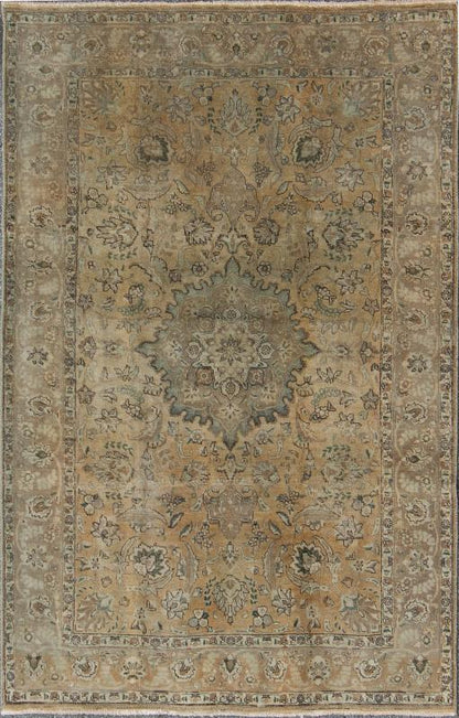 Persian rug Tabriz style with floral design tan medallion, rug H - 703 - 02, country of origin / type: Iran / Tabriz, circa 1950. This Persian Tabriz carpet (circa 1950) features a refined palate of various shades of tans, taupe, and touches of gree... - Keivan Woven ArtsH - 703 - 02 - 1275Rug