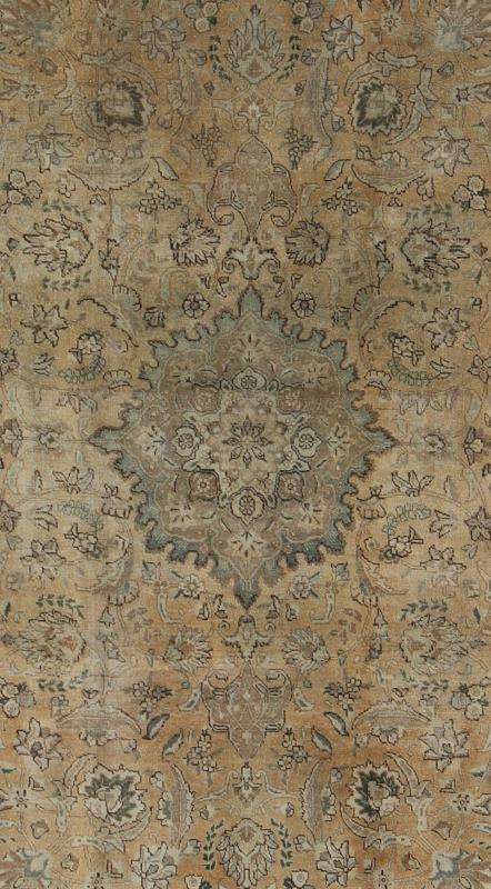 Persian rug Tabriz style with floral design tan medallion, rug H - 703 - 02, country of origin / type: Iran / Tabriz, circa 1950. This Persian Tabriz carpet (circa 1950) features a refined palate of various shades of tans, taupe, and touches of gree... - Keivan Woven ArtsH - 703 - 02 - 1275Rug