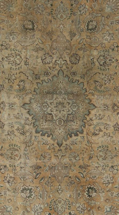 Persian rug Tabriz style with floral design tan medallion, rug H - 703 - 02, country of origin / type: Iran / Tabriz, circa 1950. This Persian Tabriz carpet (circa 1950) features a refined palate of various shades of tans, taupe, and touches of gree... - Keivan Woven ArtsH - 703 - 02 - 1275Rug