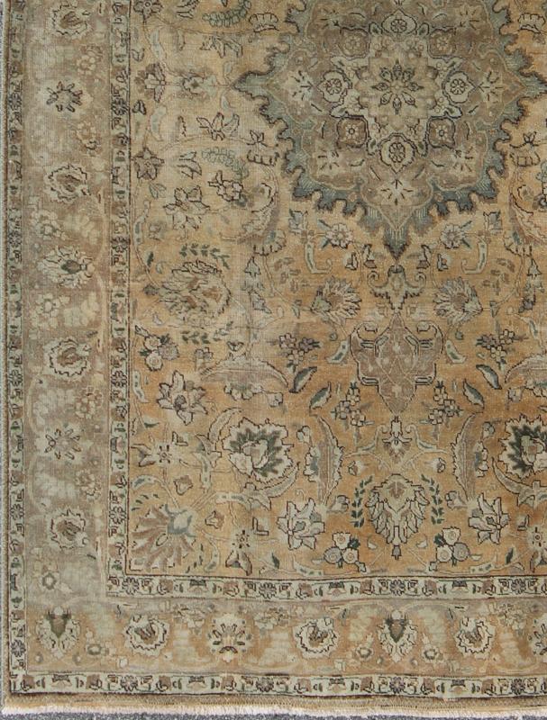 Persian rug Tabriz style with floral design tan medallion, rug H - 703 - 02, country of origin / type: Iran / Tabriz, circa 1950. This Persian Tabriz carpet (circa 1950) features a refined palate of various shades of tans, taupe, and touches of gree... - Keivan Woven ArtsH - 703 - 02 - 1275Rug