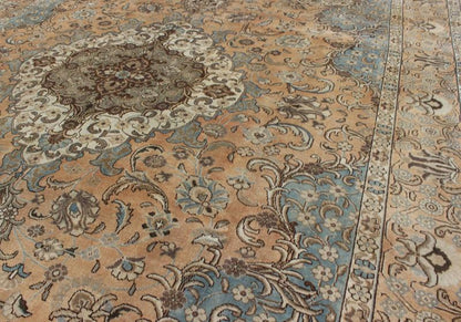 Keivan Woven Arts, H - 703 - 04, 1930s Antique Tabriz Rug - This 1940's hand - knotted Semi Antique Tabriz carpet features an elaborate medallion and intricate design in blue - gray, camel, brown, and beige. 9'3 X 12'7 - Keivan Woven ArtsH - 703 - 04 - 4024Rug