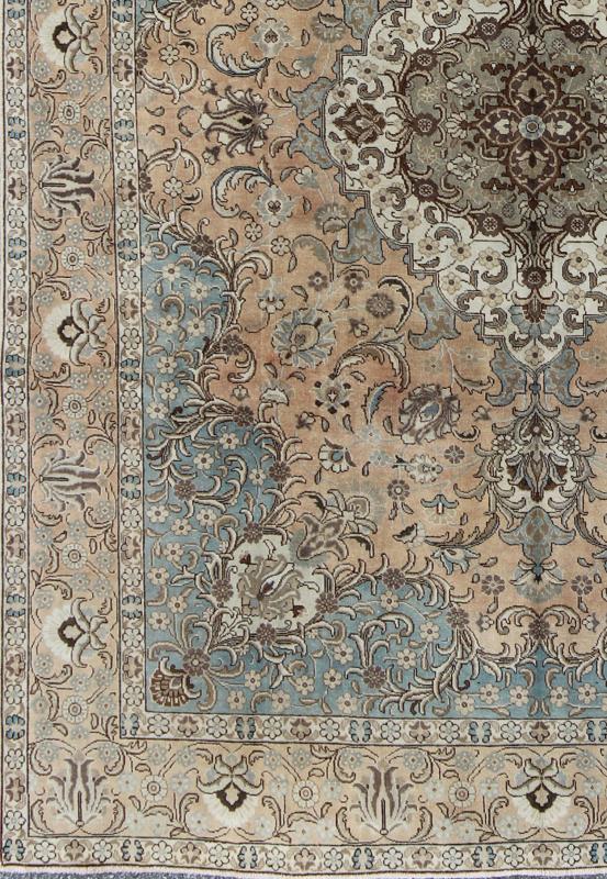 Keivan Woven Arts, H - 703 - 04, 1930s Antique Tabriz Rug - This 1940's hand - knotted Semi Antique Tabriz carpet features an elaborate medallion and intricate design in blue - gray, camel, brown, and beige. 9'3 X 12'7 - Keivan Woven ArtsH - 703 - 04 - 4024Rug
