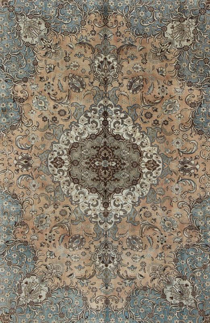 Keivan Woven Arts, H - 703 - 04, 1930s Antique Tabriz Rug - This 1940's hand - knotted Semi Antique Tabriz carpet features an elaborate medallion and intricate design in blue - gray, camel, brown, and beige. 9'3 X 12'7 - Keivan Woven ArtsH - 703 - 04 - 4024Rug