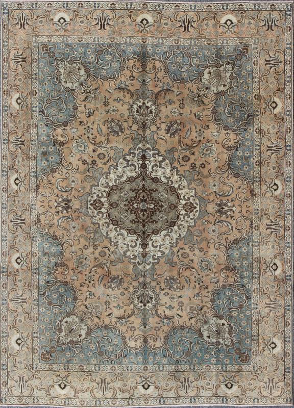 Keivan Woven Arts, H - 703 - 04, 1930s Antique Tabriz Rug - This 1940's hand - knotted Semi Antique Tabriz carpet features an elaborate medallion and intricate design in blue - gray, camel, brown, and beige. 9'3 X 12'7 - Keivan Woven ArtsH - 703 - 04 - 4024Rug