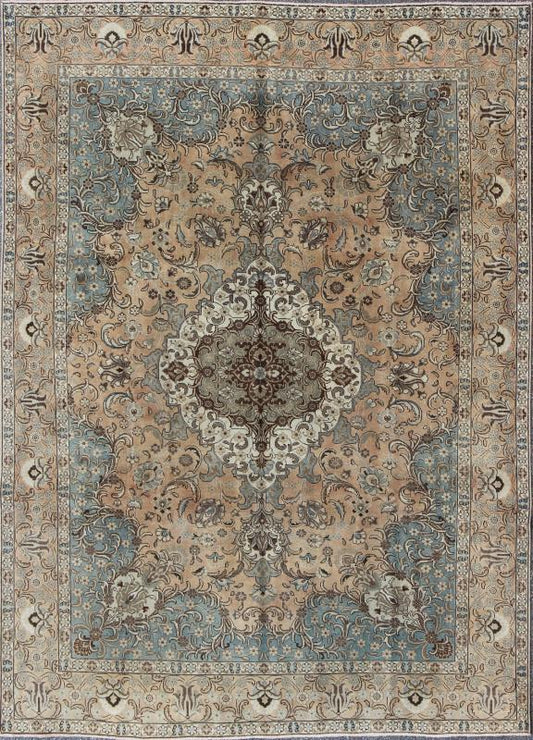 Keivan Woven Arts, H - 703 - 04, 1930s Antique Tabriz Rug - This 1940's hand - knotted Semi Antique Tabriz carpet features an elaborate medallion and intricate design in blue - gray, camel, brown, and beige. 9'3 X 12'7 - Keivan Woven ArtsH - 703 - 04 - 4024Rug