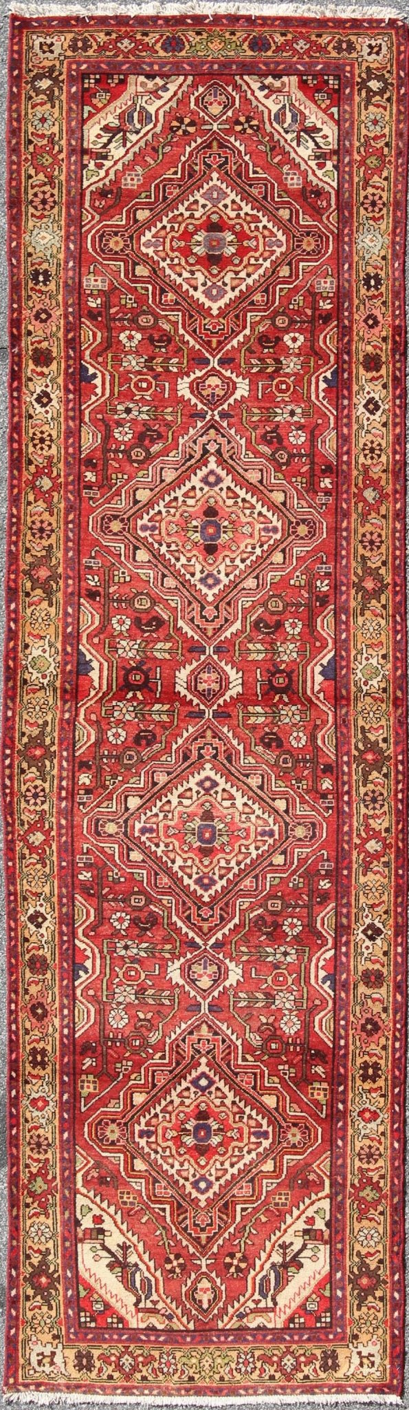 Antique Persian Malayer Runner with Medallion Design in Beautiful Red & Khaki Sub - geometric Floral design Antique Malayer runner in Gorgeous Red, Khaki, green blue and black highlights, rug H - 711 - 08, country of origin / type: Malayer, circa 1930. ... - Keivan Woven ArtsH - 711 - 08 - 1370Rug