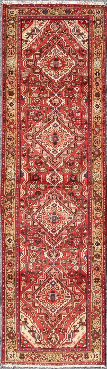 Antique Persian Malayer Runner with Medallion Design in Beautiful Red & Khaki Sub - geometric Floral design Antique Malayer runner in Gorgeous Red, Khaki, green blue and black highlights, rug H - 711 - 08, country of origin / type: Malayer, circa 1930. ... - Keivan Woven ArtsH - 711 - 08 - 1370Rug