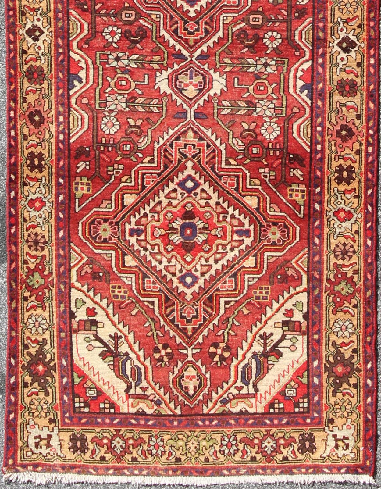 Antique Persian Malayer Runner with Medallion Design in Beautiful Red & Khaki Sub - geometric Floral design Antique Malayer runner in Gorgeous Red, Khaki, green blue and black highlights, rug H - 711 - 08, country of origin / type: Malayer, circa 1930. ... - Keivan Woven ArtsH - 711 - 08 - 1370Rug